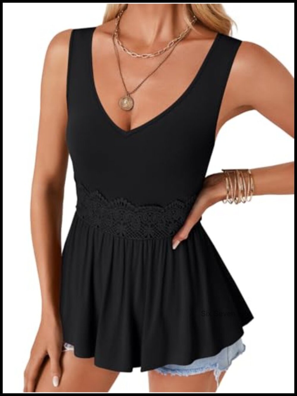 Lace Trim V Neck Sleeveless Tank Top Ruching Peplum Blouse